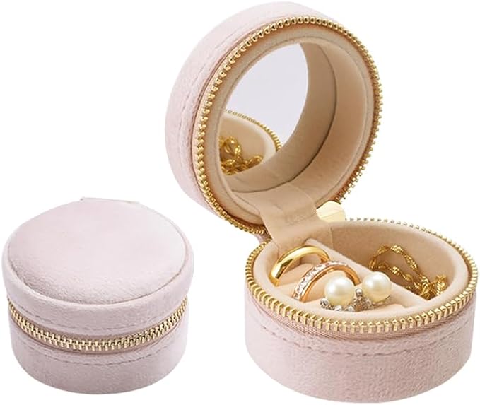 Mini Small Travel Jewelry Case With Mirror - Compact Velvet Organizer Box, Portable Clutch Earrings/Rings/Necklaces Premium Storage, Bridesmaid/Girlfriend Gift for Make up (Pink)
