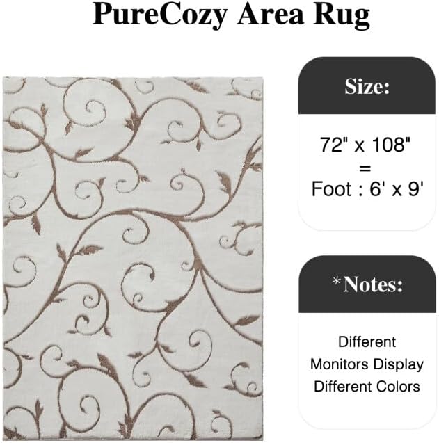 PureCozy Washable Neutral Area Rug 6x9 Beige Soft Shag Rugs for Living Room Modern Boho High Pile Non-Shedding Throw Rugs Non Slip Indoor Office Carpet for Playroom Bedroom Home Aesthetic Decor