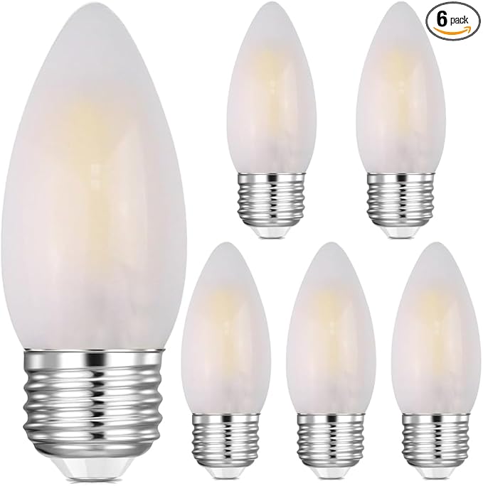 E26 Candelabra Light Bulbs Frosted Chandelier Light Bulbs 25watt Equivalent 2700K Warm White B11 Torpedo Tip Dimmable 2W LED Decorative Candle Light Bulbs (6)