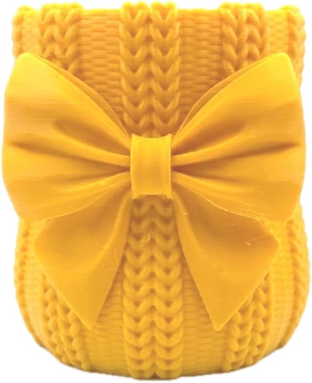 Knitted Bowknot Makeup Brush Holder, Cute Bow Vase, Pen Organizer for Kitchen, Bathroom or Office (Yellow)