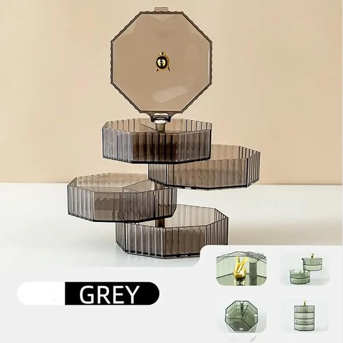 ELEFOCUS 360 Degree Transparent Rotating Jewelry Organizer,Multi-Layer Jewelry Storage Box,Acrylic Jewelry Organizer With Handle,Makeup Table Compartment Multipurpose Jewelry Box (Gray)