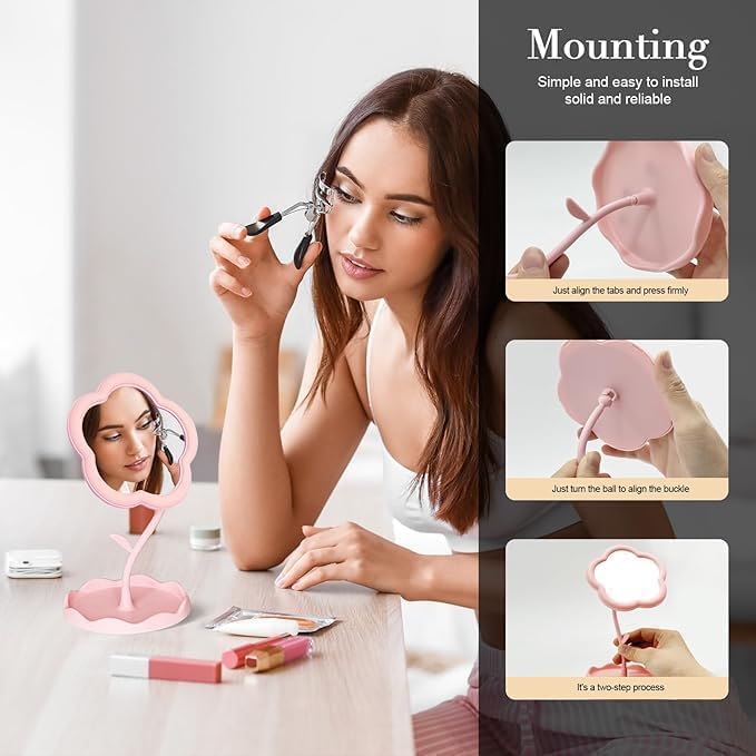 Flower Shape Mirror, Cute Daisy Floral Tabletop Vanity Mirror with Tray, Pink Aesthetic Kawaii Decorative Desk Makeup Organizer, Retro Boho Pastel Room Décor, Pink Color, Set of 1
