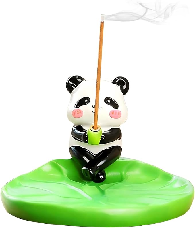 Panda Incense Holder Cute Animal Figurine Incense Burner Ash Catcher Creative Cartoon Resin Panda and Green Lotus Leaf Base Statue for Home Room Decor Meditation Yoga Spa