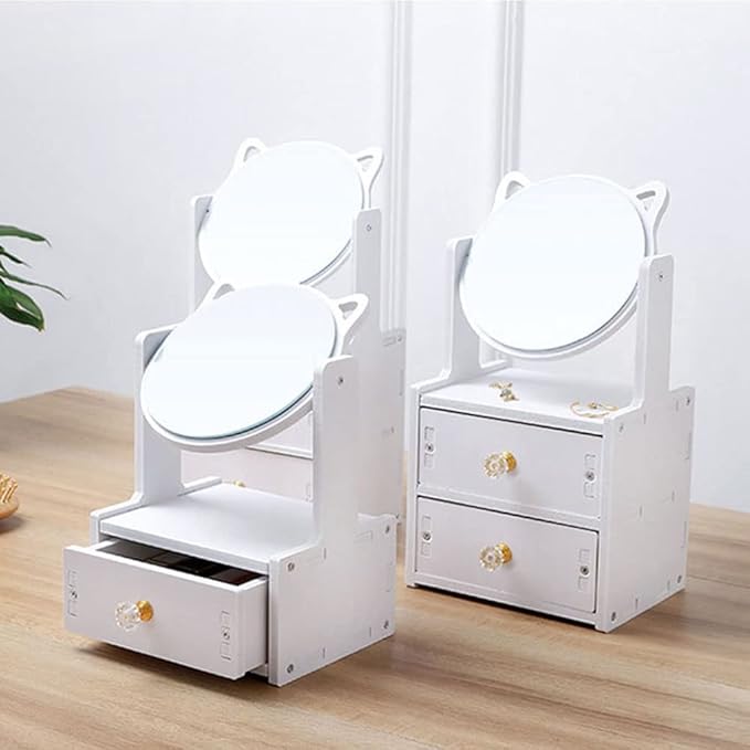 Countertop Vanity Mirror, Desktop Vanity Mirror with Drawer, 360° Rotating Makeup Mirror, Makeup Organizer, Cosmetic Storage Box for Home Office Bedroom Dresser Jewelry, Deer Desktop Mirror Drawer