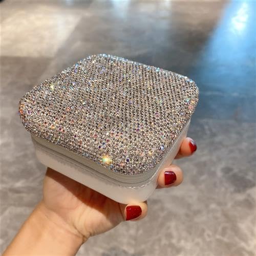 Bling Rhinestone Jewelry Box Case Makeup Organizer Dresser Display Cabinet Travel Portable Leather Partition Storage Box Gift for Sister's mom teacher