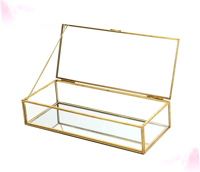 Ipetboom Golden Trim Geometric Glass Jewelry Box for Wedding Storage Desktop Display Case for Rings Earrings Necklaces Elegant Makeup Organizer Container