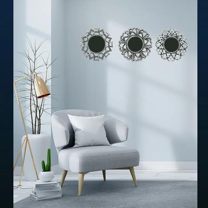 Retro Silver Mirrors for Wall Pack of 3. Round Mirrors. Decorative Mirrors.Small Wall Mirrors for Decor Home Decor Plastic Frames.Glass Mirrors.Make Old Silver Color.