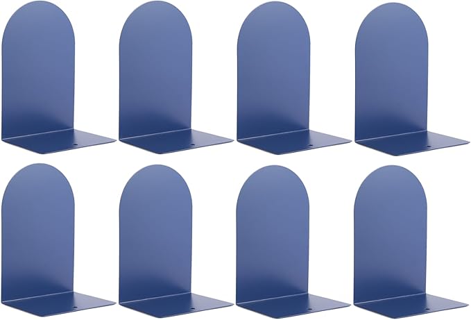 Metal Book Ends for Shelves - 8Pcs Bookends for Heavy Books Non-Skid Decorative Book Stopper to Hold Books/CDs for Home Office School and Desktop Organizer, Dark Blue