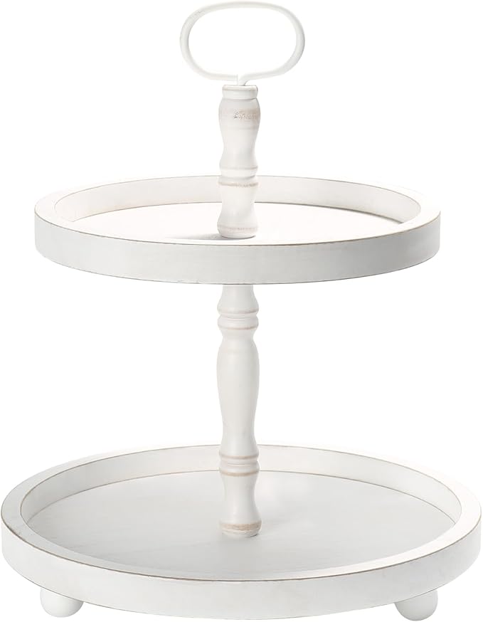 Wooden Two Tiered Tray Stand, Farmhouse Round 2 Tier Decorative Tray for Home Kitchen Table Decor, Serving Tray for Coffee Bar Party Weddding Holiday Decorations Fruits and Cupcake Display (White)
