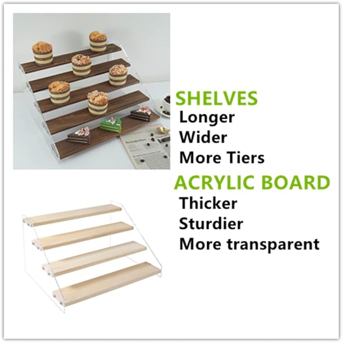 2 Pack Large 5 Tier Acrylic Display Stand 16*13*7.8 inches for Figures Wooden Risers Display Case for Craft Fair Acrylic Cupcake Stand for Dessert Table Cologne Organizer for Men (BROWN)