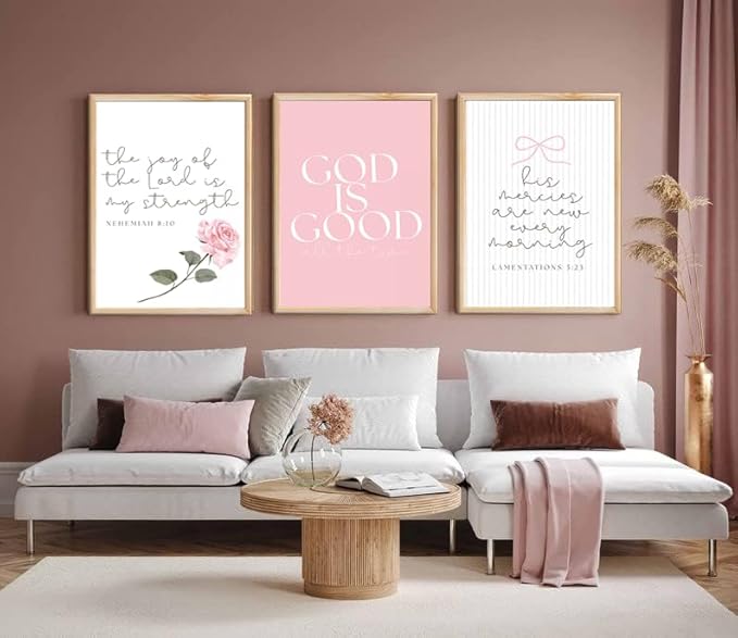 3Pcs Pink Christian Canvas Wall Art Coquette Bow Poster Print Aesthetic Picture Preppy Painting Wall Decor For Girls Bedroom Bathroom or Dorm 16x24in Unframed