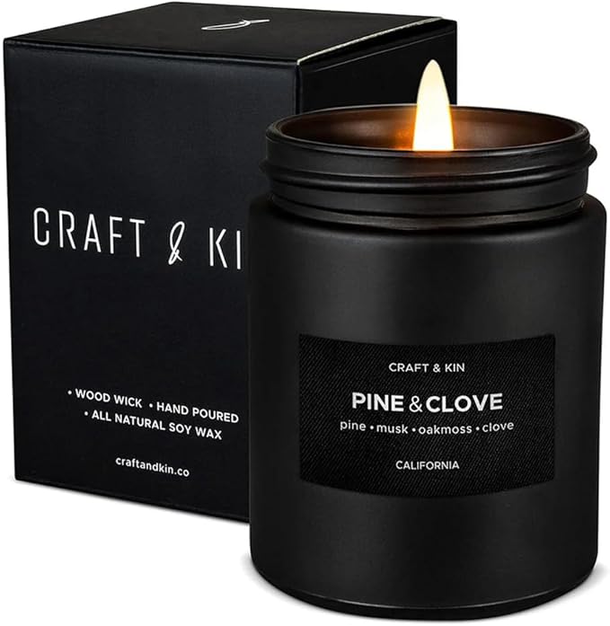 Craft & Kin Premium Pine & Clove Candle | Black Scented Candles for Home | Long Lasting with 45 Hour Burn Time, 7.6oz | Soy Candles | Aromatherapy at Home