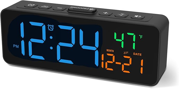 Netzu 3-in-1 Digital Clocks for Living Room with Temperature, Date & Time Display - 4 Levels Birghtness, 3 Volumes, Small & Compact Plug-in Alarm Clock for Bedroom, Office (Blue)