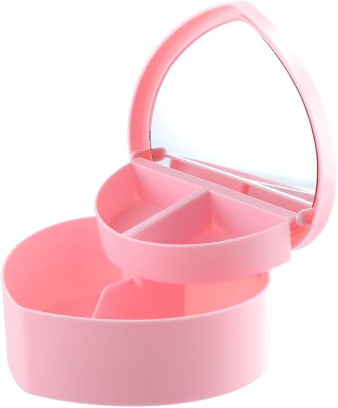 Leadigol Heart Shape Jewelry Box, Plastic Pink Jewelry Storage Organizer with Make Up Mirror, 2 Layer Jewelry Display Tray, Ideal Gift for Anniversaries, Wedding, and Valentine's Day