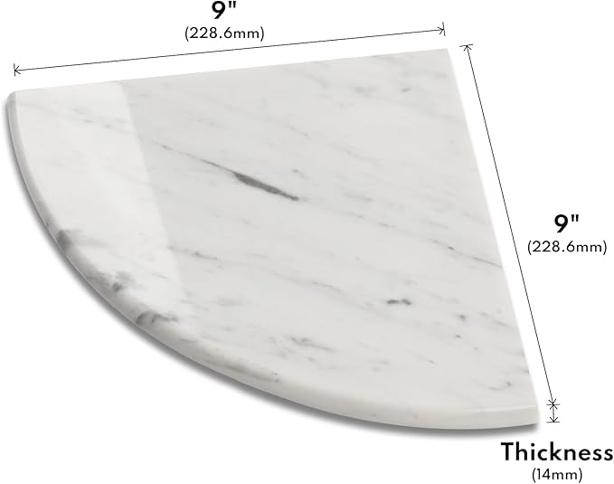 Lovdeco 2 Pcs Carrara Marble Corner Shower Shelf, Polished 9" Round Edge Corner Shelves for Bathroom, Shower, 2 Piece