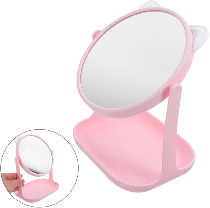 Cat Ear Makeup Mirror Storage Tray Rotatable HD Desktop Cosmetic Mirror for Girls Multifunctional Makeup Organizer for Vanity