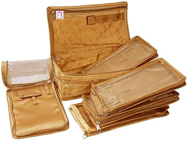 atorakushon Satin Makeup Kit Travel Jewelry Organizer Locker Box Pouches Clutch Bag for Necklaces Earrings Rings and Bracelets Golden Color
