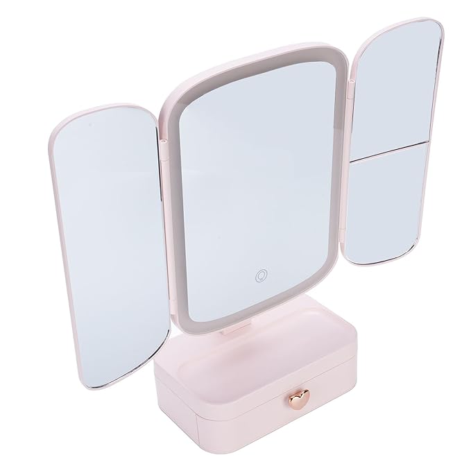 Desktop Lighted Makeup Mirror Organizer 3 Color Temperature Dimming LED Light for Bedroom