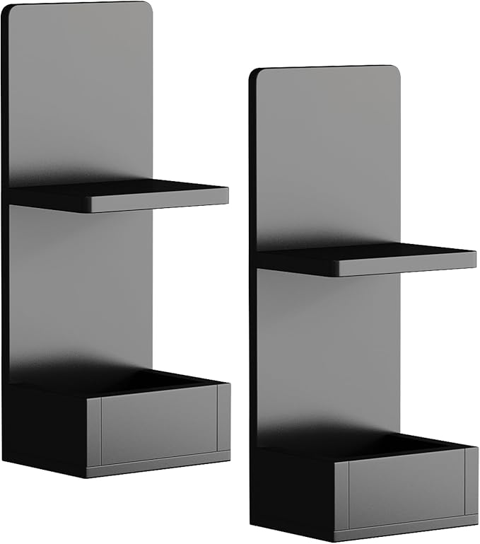 2-Tier Black Floating Wall Shelf, 20x8x6 Wall-Mounted Wooden Beside Shelf/Nightstand for Home Décor, Plants, Cosmetics, Bathroom, Kitchen, Bedroom Storage (Black with Box)