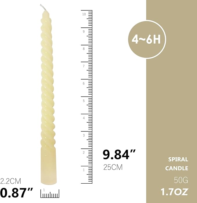 Ivory Spiral Taper Candles, Ivory Taper Candle Set of 4 Unscented Dripless Candlesticks - Long Burning Candles for Home Decor, Wedding, Party