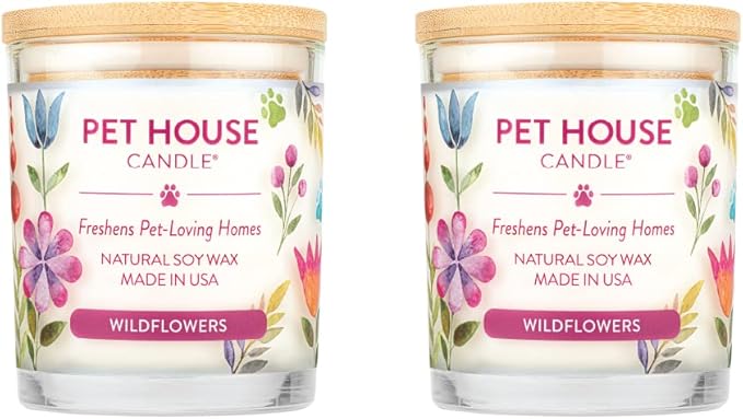 Pet House Candles, Plant-Based, Long Lasting, Clean Burning Scented Pet Odor Candles, 60 Hour Burn Time - Wildflowers, 9 oz, 2 Pack