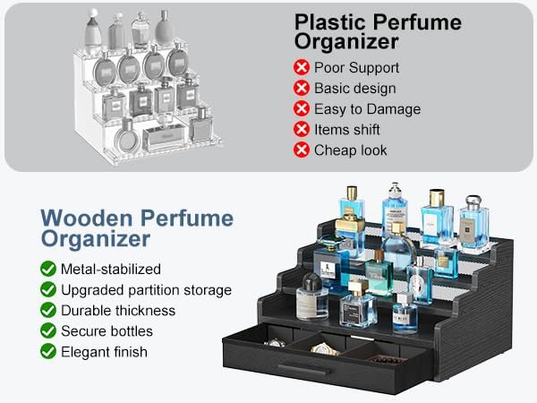 4 Tier Cologne Organizer for Men, Black Wooden Perfume Organizer with Drawer Storage, Perfume Display Shelf for Cologne, Watch, Grooming and Figures, Perfect Birthday/Easter Gift for Lovers & Fathers