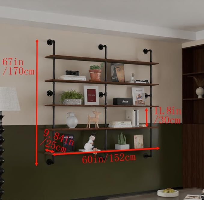 HDDFER Industrial Pipe Shelf Shelving Bookcase, Wall Mounted Rustic Bookshelf 60 Inch, Floating Bookshelves for Wall,Retro Wood Metal Pipe Industrial Shelves for Living Room