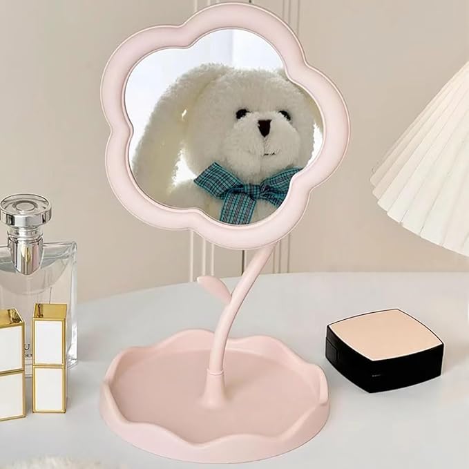 Flower Shape Mirror, Cute Daisy Floral Tabletop Vanity Mirror with Tray, Pink Aesthetic Kawaii Decorative Desk Makeup Organizer, Retro Boho Pastel Room Décor, Pink Color, Set of 1