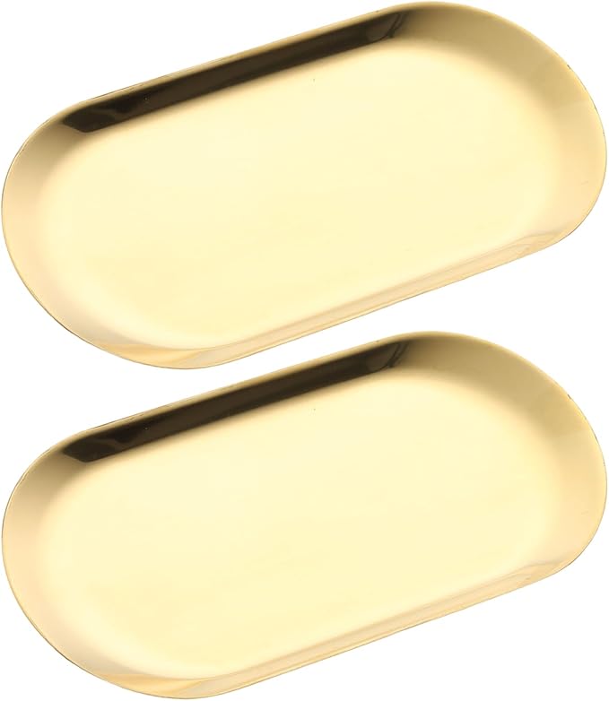 SUTOKAKA 2 Pack Stainless Steel Gold Decorative Tray, Small Oval Perfume Jewelry Trinket Dish, Candle Key Manicure Tools Metal Placing Plate, Bathroom Vanity Trays for Dresser Counter