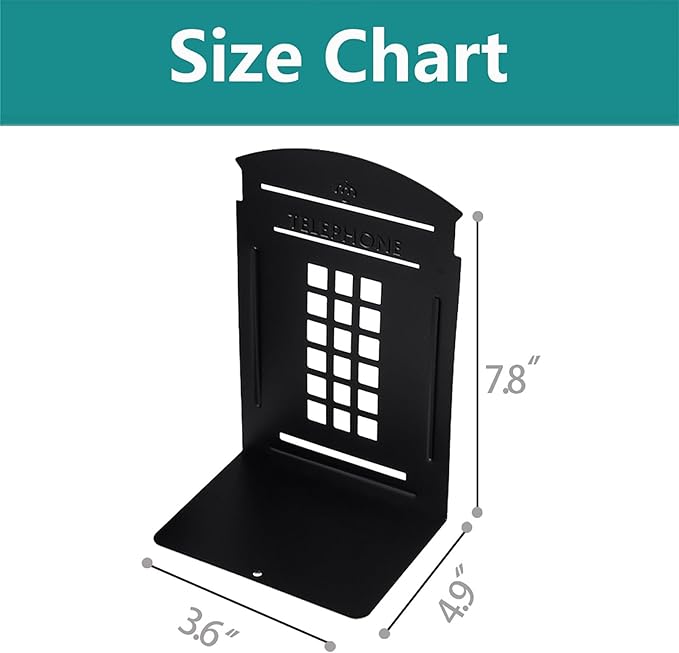 MerryNine 4 Pack Book Ends, Metal Bookends for Shelves, Telephone Booth Decorative Bookends, Non Skid Heavy Bookends, Book, Magazine or CD Organizers for Home and Office (Black-4pcs)