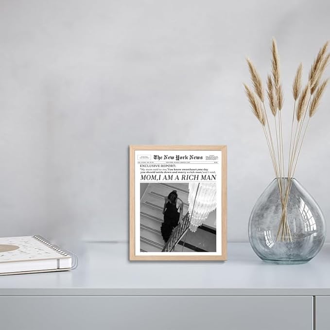 Bwodke OAK Wood Framed Wall Art Mom I Am a Rich Man Canvas Art Trendy Newspaper Pictures Independent Women Wall Decor Vintage Magazine Prints Funky Girl Artwork for Girly Dorm Bedroom 8"x10"