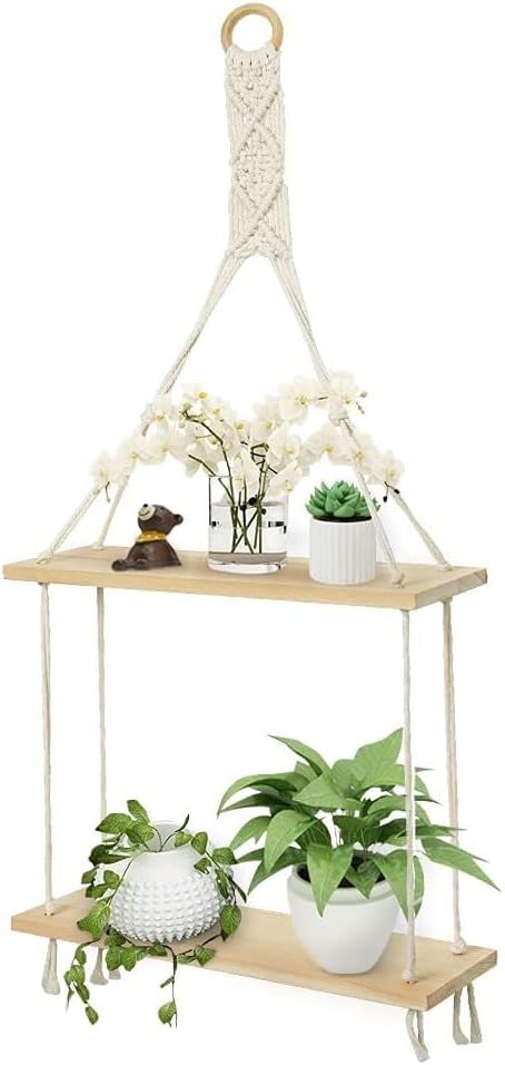 Afuly Macrame Wall Hanging Shelf Boho Floating Shelves Cotton Rope Rustic Home Decor 2 Tiers Plant Hanger Photo Display Tissue Towel Storage Organizer for Living Room Bedroom Bathroom Hallway, Beige