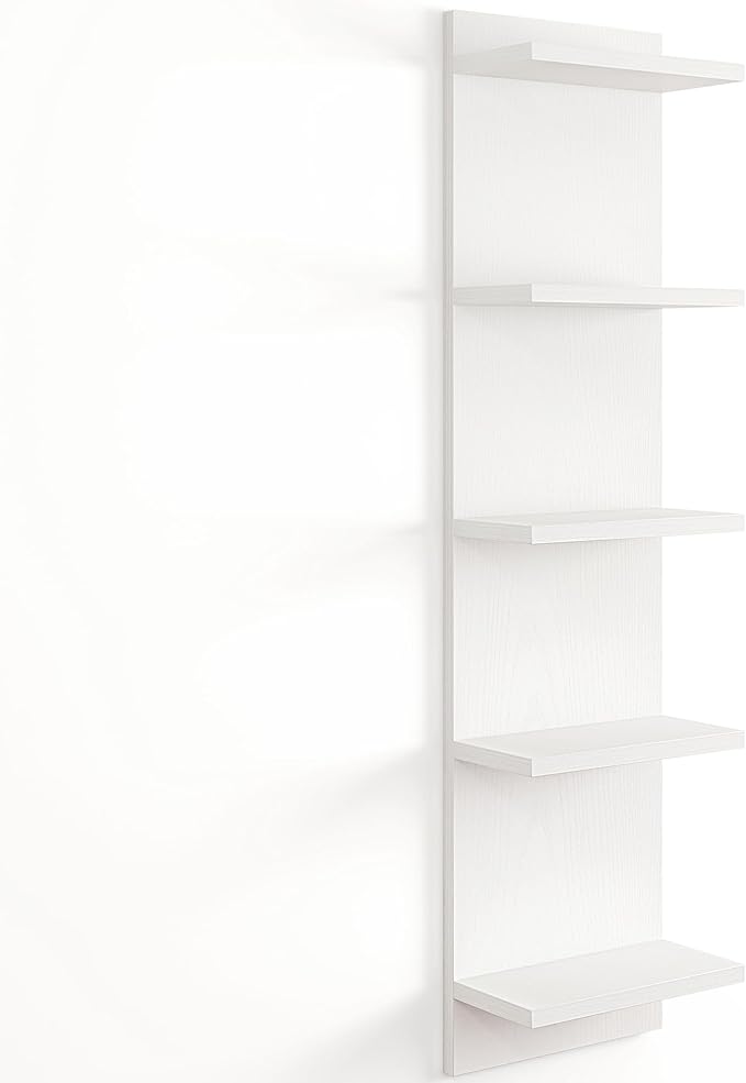 Fun Memories 5-Tier Wall Shelf Unit, 48" Tall Floating Storage Organizer for Bedroom, Living Room, and Home Decor, White Vertical Shelving Unit