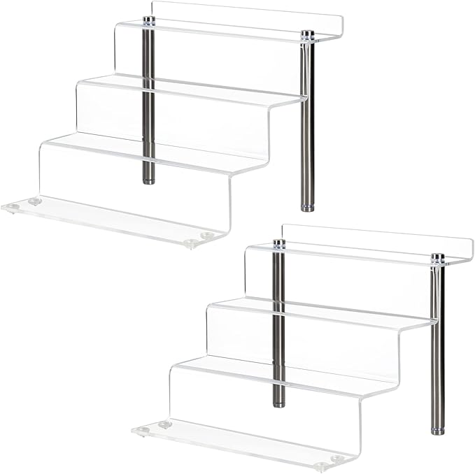 CECOLIC Acrylic Riser Shelf 4 Tier Clear Display Stand for Collectibles Pop Figures, Cupcakes, Perfumes, Display Risers for Decorating & Organizing - 9 x 8.3 x 6.8 in (Small, 2 Pack)
