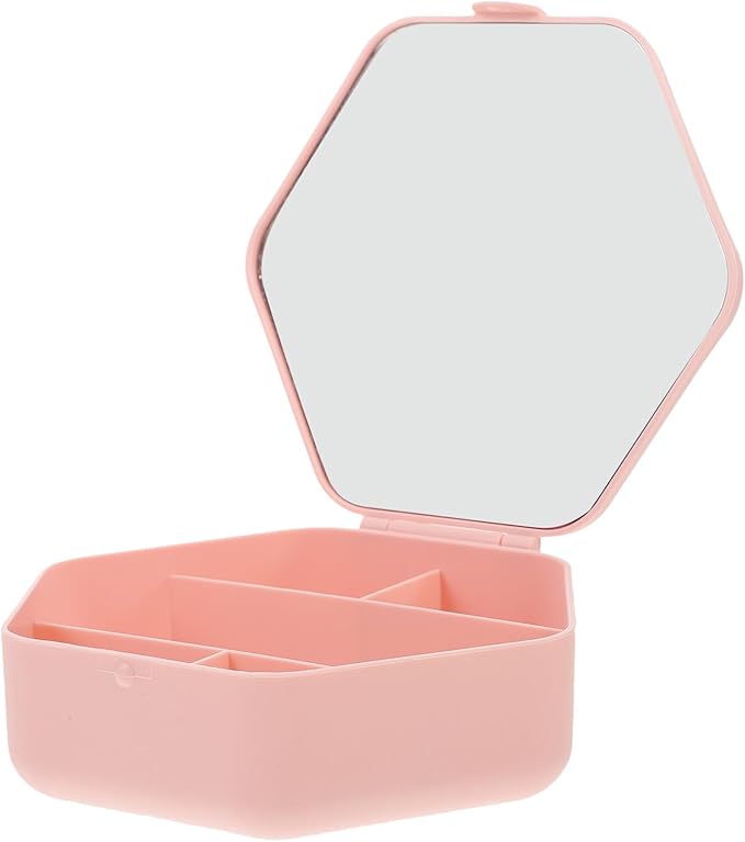Hexagonal Jewelry Organizer Box with Mirror, Pink Makeup and Travel Jewelry Case for Women, Portable Ring Necklace Earring Storage with Compartments