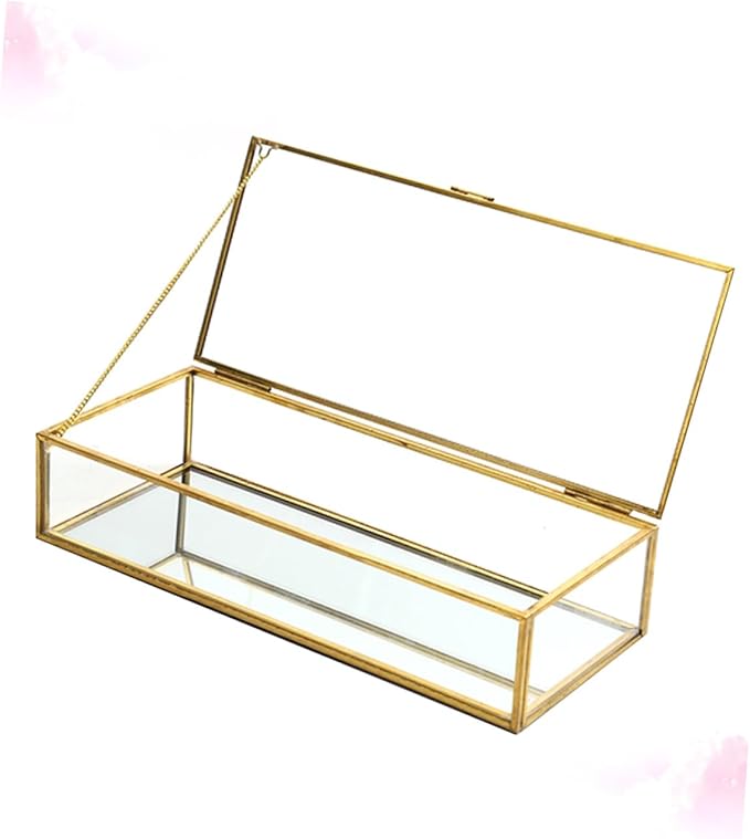 Uonlytech Vintage Geometric Glass Jewelry Storage Box with Golden Trim Desktop Organizer for Earrings Rings Necklaces Elegant Display Case for Wedding Favors and Makeup Storage
