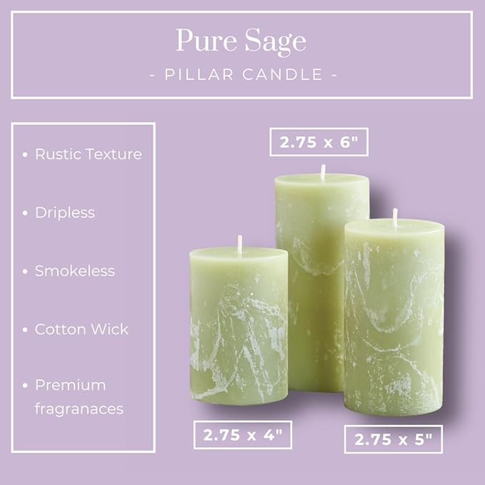 Green Scented Pillar Candles Set of 3, 3x4, 3x5, 3x6 Green Candles, Sage Pilar Scented Candle, Ideal as Wedding, Parties, Spa, Dinner, Home Decor, Church