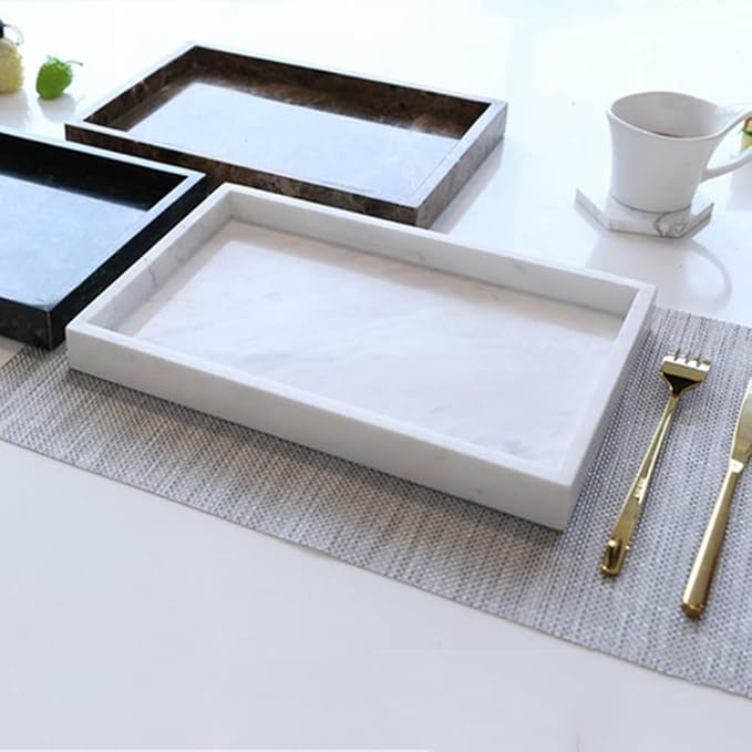 Natural Marble Storage Vanity Tray, Cosmetics Jewelery Tray, Kitchen Organizer, Coffee Table Tray (Volakas White, Glossy Surface, 11.8L x 7.87W x 1.18H)
