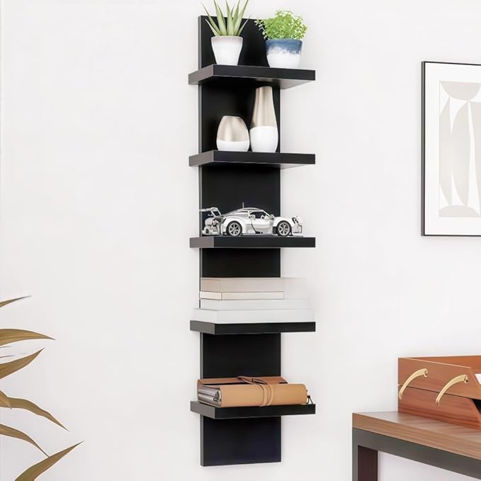 5 Tier White Wall Shelves - Vertical Column Floating Storage Organizer, Tall Tower Design Utility Shelving for Home Decor, Bedroom & Living Room, 30.7" x 31"(Black)
