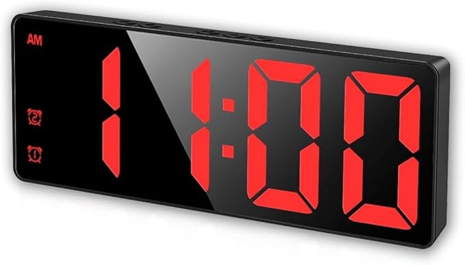 Digital Alarm Clock, Mirror Surface LED Electronic Clocks Large Display, Adjustable Brightness, Dual Power Supply, Snooze Model for Bedroom, Desk, Office (Black Case + Red Digit)