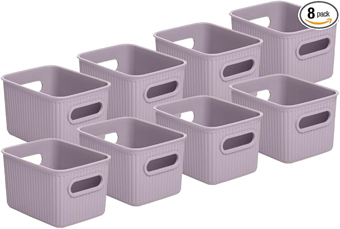 Superio Decorative Plastic Basket Open Home Storage Bins Organizer Baskets, Small, Lilac (8 Pack) Container Boxes for Organizing Closet Storage Bins for Shelves Drawer Shelf, 1.5 Liter