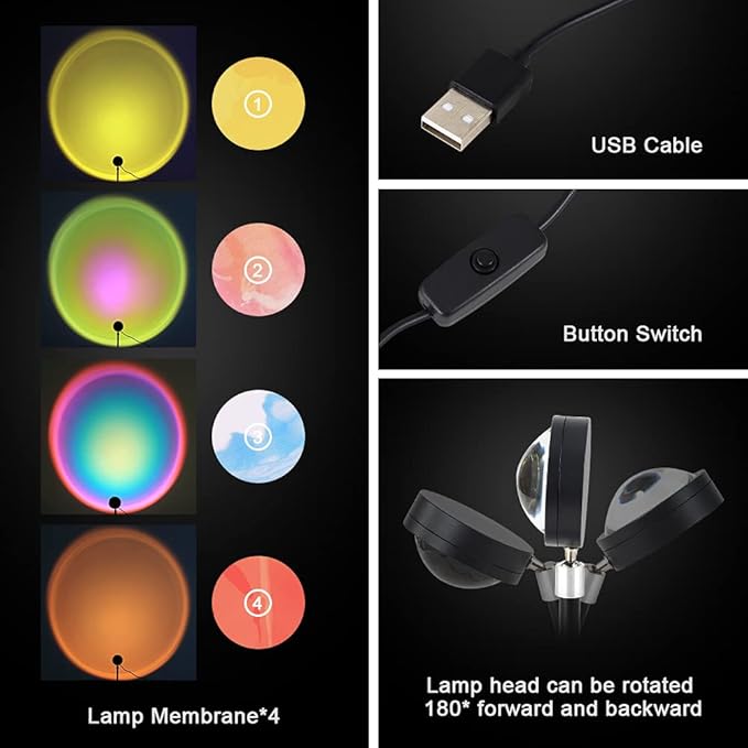 Sunset Lamp, 360° Rotation Sunset Projector Light, 6 Colors Rainbow Projection Night Light, USB LED Atmosphere Lamp for Selfie, Photography, Bedroom Decor, Living Room & Home Ambiance Lighting