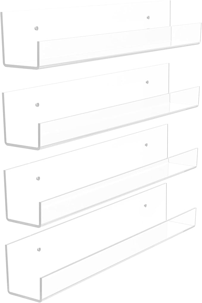 4 Pack Acrylic Shelves for Wall Storage,12" Floating Bookshelves for Kids, Display Shelf for Bathroom, Bedroom,Decor, Clear