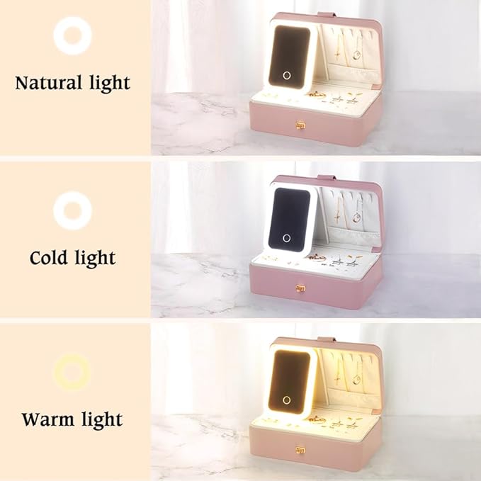 BYFDIY Custom 3-Layer Travel Jewelry Case Personalized Name Birth Flower Jewelry Organizer and Storage With 3 Colors LED Makeup Mirror Mother Jewelrys Box Gifts For Women Nana Size 9.25×6.3×3.54 INCH