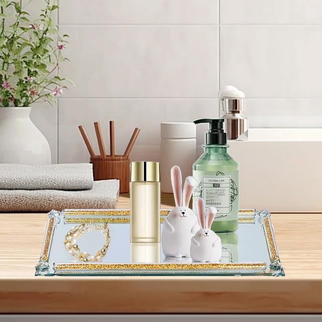 Glass Perfume Tray, 13.8" x 5.9" Golden Crystal Mirror Perfume Tray for Vanity Jewelry Trinket Cosmetic Makeup Display Serving Trays for Dresser Crushed Diamond Home Decor Countertop Organizer