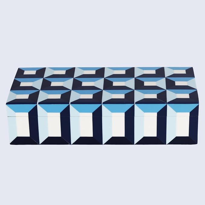 Handicrafts Home Blue Decorative Storage Box with Lid – Modern Coffee Table Storage Box, Geometric Resin Inlay Wooden Box, Remote Control Holder, Decorative Organizer, Jewelry & Keepsake- 10x4.5x2.5