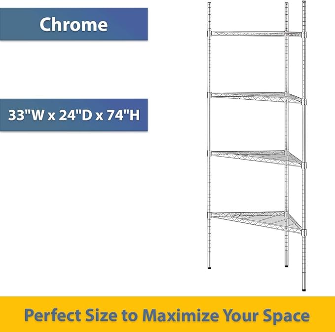 33" W x 24" D x 74" H NSF Chrome Triangle Heavy Duty Corner Shelving Kit, 4-Shelf Adjustable Wire Rack
