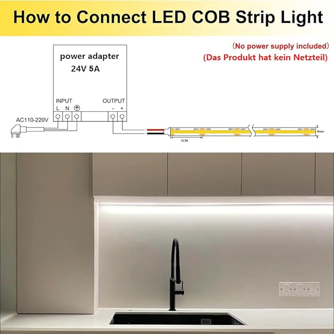 TOPAI 24V COB LED Strip 32.8ft Daylight White 5000K Outdoor Waterproof Super Bright CRI>93 Self Adhesive Uniform Dotless 384LEDs/M Cuttable Flexible for Cabinet Home Office DIY Lighting