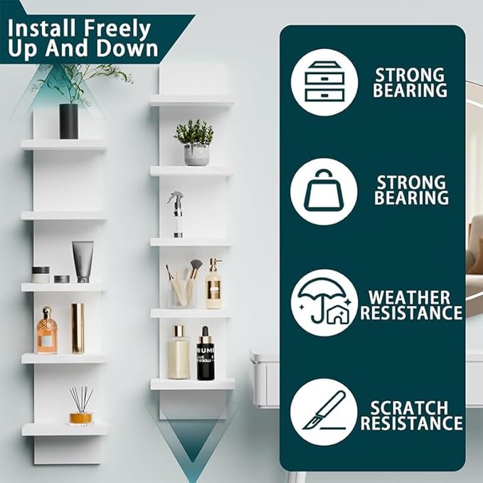 5 Tier White Wall Shelves - Vertical Column Floating Storage Organizer, Tall Tower Design Utility Shelving for Home Decor, Bedroom & Living Room, 30.7" x 31" (White)
