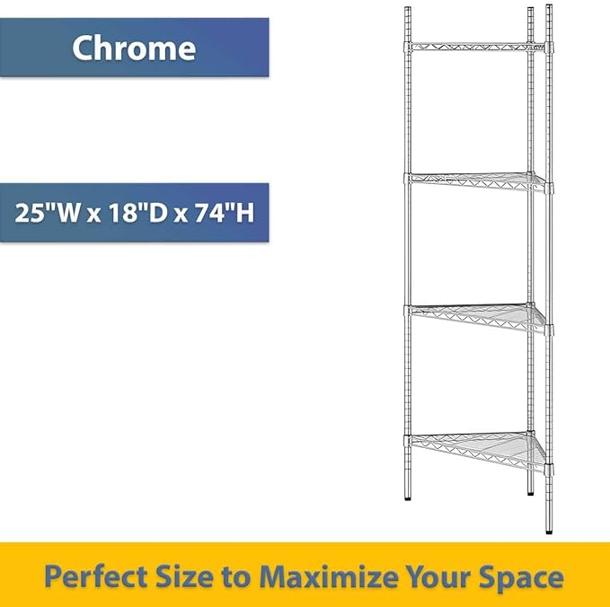 25" W x 18" D x 74" H NSF Chrome Triangle Heavy Duty Corner Shelving Kit, 4-Shelf Adjustable Wire Rack